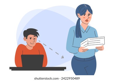 Acoso sexual en el vector de la oficina aislado. Empleado que sufre de abuso, atención no deseada del compañero de trabajo. Conmovedor colega en el lugar de trabajo.
