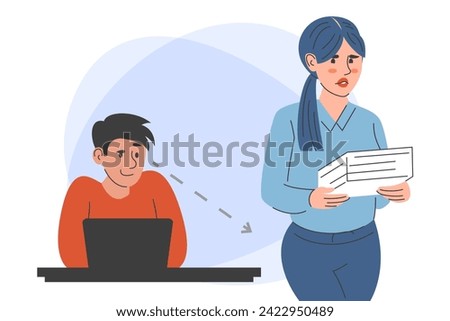 Sexual harassment in the office vector isolated. Employee suffering from abuse, unwanted attention from the coworker. Lustful colleague at the workplace.