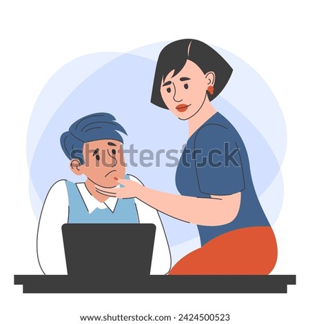 Sexual harassment in the office vector isolated. Employee suffering from abuse, unwanted attention from the boss. Woman flirting with male employee.