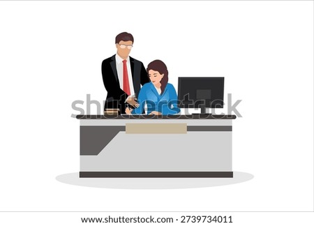 Sexual harassment in the office vector isolated. Employee suffering from abuse, unwanted attention from the boss. Man touching shoulder of female employee. 

