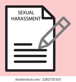 Sexual Harassment Report and harassment document icon for sexual harassment court law documentary. Sexual Harassment icon with documents and a pen for woman safety law and woman rights