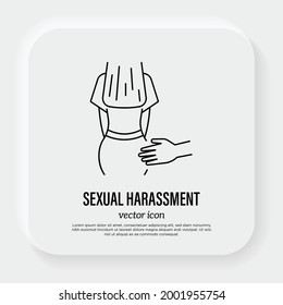 Sexuelle Belästigung in dünner Linie Symbol. Männliche Hand, die weibliche Gesäß berührt. Missbrauch, Opfer von Gewalt. Vektorgrafik.