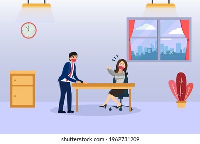 Concepto de vector de acoso sexual. Empresaria asustada acosada por un jefe masculino en la oficina