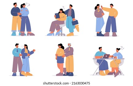 Sexual Harassment At Work Concept. Employee Abuse, Bad Behavior Of Men And Women At Workplace. Violence At Job, Unwanted Advances, Inappropriate Touches In Office, Flat Vector Line Art Illustration