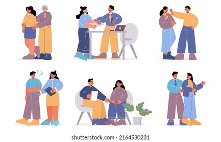 Sexual Harassment At Work Concept. Employee Abuse, Bad Behavior Of Men And Women At Workplace. Violence At Job, Unwanted Advances, Inappropriate Touches In Office, Flat Vector Line Art Illustration