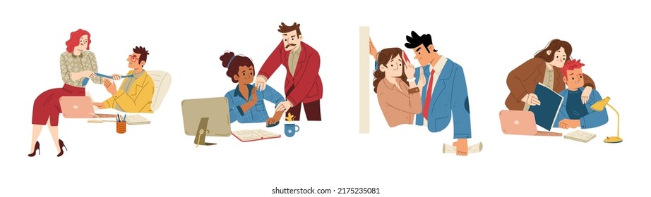 Sexual Harassment At Work Concept. Employee Abuse, Inappropriate Touches In Office. Bad Behavior Of Men And Women At Workplace. Violence At Job, Unwanted Advances, Flat Vector Line Art Illustration