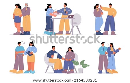 Sexual harassment at work concept. Employee abuse, bad behavior of men and women at workplace. Violence at job, unwanted advances, inappropriate touches in office, Flat vector line art illustration