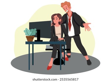 Concepto de acoso sexual en el trabajo. Hombre empleado tocando, acosando a una colega en el lugar de trabajo en la oficina. Abuso inapropiado, presión sexual. Ilustración vectorial plana aislada sobre fondo blanco.