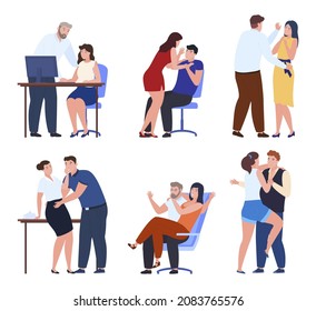 Sexual Harassment At Work Or Public Place Collection Vector Flat Illustration. Set Of Assault And Abuse At Office, Men Harassing Female Workers At Workplace Isolated On White. Unwanted Touch Bullying