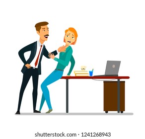 Acoso sexual en el trabajo. Ilustración vectorial en estilo caricaturista,