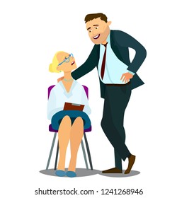 Acoso sexual en el trabajo. Ilustración vectorial en estilo caricaturista,
