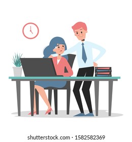 Sexual harassment at work vector isolated. Man touch woman employee at the workplace. Inappropriate behavior. Abuse at the job.