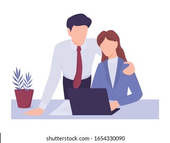 Sexual harassment in workplace. Assault and abuse behavior. Male boss or coworker groping female office worker at work. Man touching woman at inappropriate way. Vector illustration