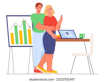 Sexual harassment at workplace concept. Man hugs woman against her will. Violence of boss against subordinates. Emotional pressure and abuse, vulnerability problem. Cartoon flat vector illustration