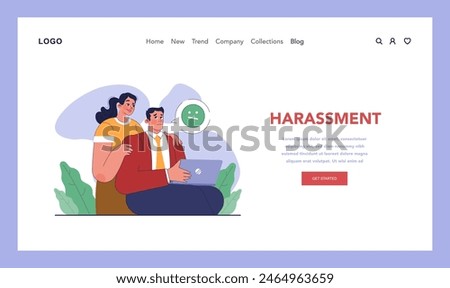 Sexual harassment in workplace web banner or landing page. Assault and abuse behavior. Female coworker groping man at work. Inappropriate corporate communication. Flat vector illustration