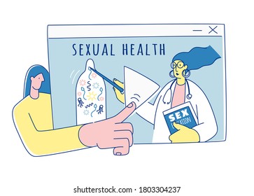 Sexual Health. Online School Sexuality Education Program. Guide, Self-study Video Lesson. Safe Sex Education For Students. Vector Illustration Doodles, Line Art Style Design