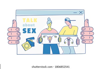 Sexual Health. Online School Sexuality Education Program. Guide, Self-study Website With Female, Male Anatomy. Safe Sex Education For Students, Couples. Vector Illustration Doodles, Line Style Design