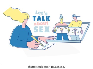 Sexual Health. Online School Sexuality Education Program. Guide, Self-study Website With Female, Male Anatomy. Safe Sex Education For Students, Couples. Vector Illustration Doodles, Line Style Design