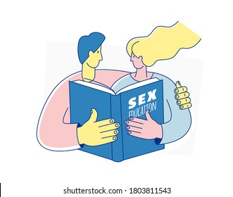 Sexual Health. School Sexuality Education Program. Guide, Self-study Textbook. Safe Sex Education For Couples. Vector Illustration Doodles, Line Style Design