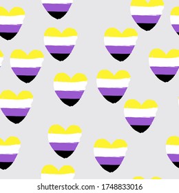 Identidad sexual corazones no binarios patrón sin fisuras, símbolos LGBT. Diseño de vectores para textiles, fondos, ropa, papel de embalaje, sitios web y papel tapiz. Ilustración de moda sin fisuras.