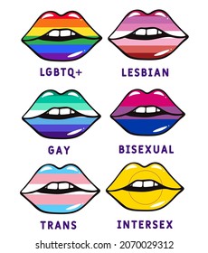 Banderas de orgullo de identidad sexual establecidas. Símbolos LGBT. Forma de levante con la bandera de gay, trans, bisexual, lesbiana, etc. Detengan la homofobia. Derechos humanos y tolerancia. Concepto de amor arcoiris. Comunidad