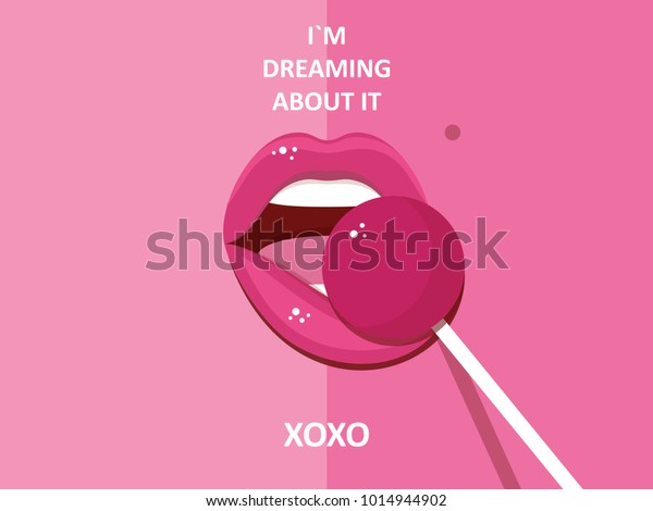 性的な唇と飴 セクシーな甘い夢 ベクターイラスト 魅力的な女性の口がチュパを舐め ロリポップを吸う のベクター画像素材 ロイヤリティフリー