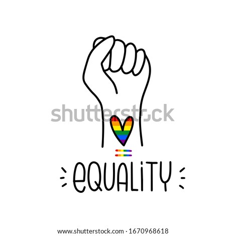Sexual minorities equality campaign vector clipart with pumping fist gesture and LGBT rainbow heart tattoo for an activism poster or banner. Raised arm vector clipart with colorful gay symbols.