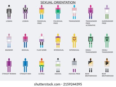 Orientación sexual de los diferentes grupos LGTBIQ+ con sus banderas dentro de la silueta de una persona y acompañada por el nombre de los diferentes grupos. Educación sexual. Sexualidad
