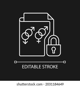 Información de orientación sexual icono lineal blanco para el tema oscuro. Proteger la privacidad de la comunidad LGBTQ. Ilustración personalizable de línea delgada. Símbolo de contorno vectorial aislado para el modo nocturno. Trazo editable