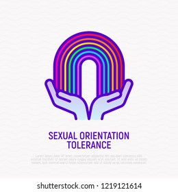 Sexual orientation tolerance thin line icon: hands holding rainbow. Modern vector illustration.