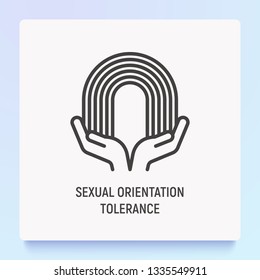 Sexual orientation tolerance thin line icon: hands holding rainbow. Modern vector illustration.