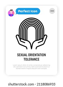 Icono de línea delgada de tolerancia a la orientación sexual: manos sosteniendo el arco iris. Ilustración vectorial moderna.