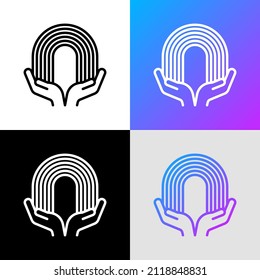Icono de línea delgada de tolerancia a la orientación sexual: manos sosteniendo el arco iris. Ilustración vectorial moderna.