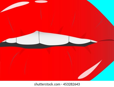 Sexual red lips and white teeth close up