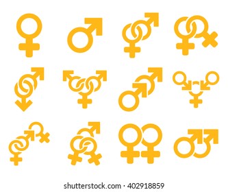 Sexual Relation Symbols vector icon set. Style is yellow flat symbols isolated on a white background.