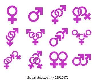 Sexual Relation Symbols vector icon set. Style is violet flat symbols isolated on a white background.