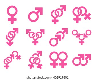 Sexual Relation Symbols vector icon set. Style is pink flat symbols isolated on a white background.