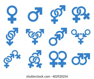 Sexual Relation Symbols vector icon set. Style is cobalt flat symbols isolated on a white background.
