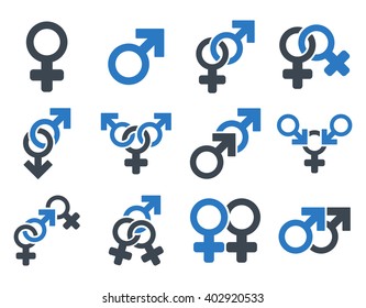 Sexual Relation Symbols vector icon set. Style is bicolor smooth blue flat symbols isolated on a white background.