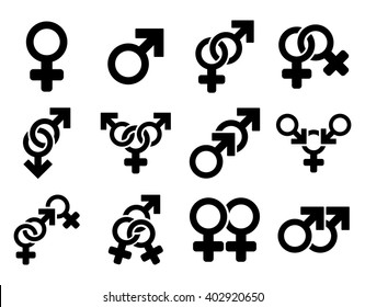 Sexual Relation Symbols vector icon set. Style is black flat symbols isolated on a white background.