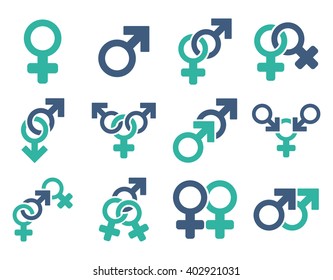Sexual Relation Symbols vector icon set. Style is bicolor cobalt and cyan flat symbols isolated on a white background.