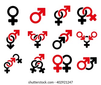 Sexual Relation Symbols vector icon set. Style is bicolor intensive red and black flat symbols isolated on a white background.