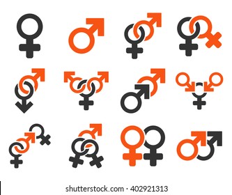 Sexual Relation Symbols vector icon set. Style is bicolor orange and gray flat symbols isolated on a white background.