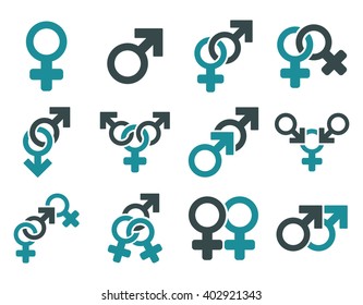 Sexual Relation Symbols vector icon set. Style is bicolor soft blue flat symbols isolated on a white background.