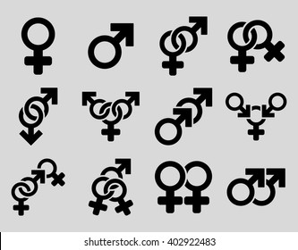 Sexual Relation Symbols vector icon set. Style is black flat symbols isolated on a light gray background.