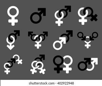 Sexual Relation Symbols vector icon set. Style is bicolor black and white flat symbols isolated on a gray background.