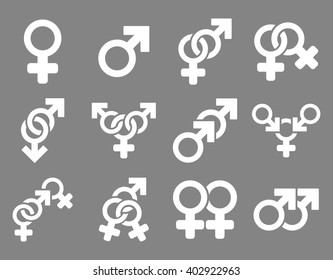 Sexual Relation Symbols vector icon set. Style is white flat symbols isolated on a gray background.
