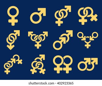 Sexual Relation Symbols vector icon set. Style is yellow flat symbols isolated on a blue background.