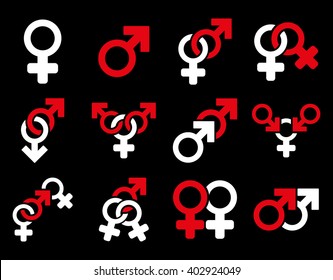Sexual Relation Symbols vector icon set. Style is bicolor red and white flat symbols isolated on a black background.