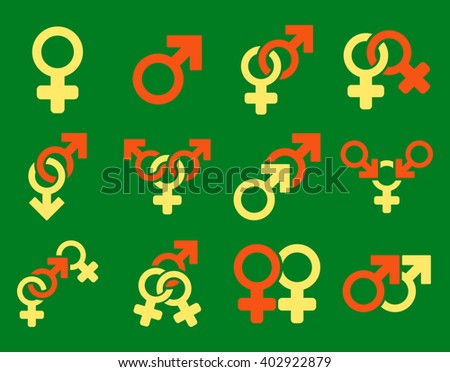Sexual Relation Symbols vector icon set. Style is bicolor orange and yellow flat symbols isolated on a green background.
